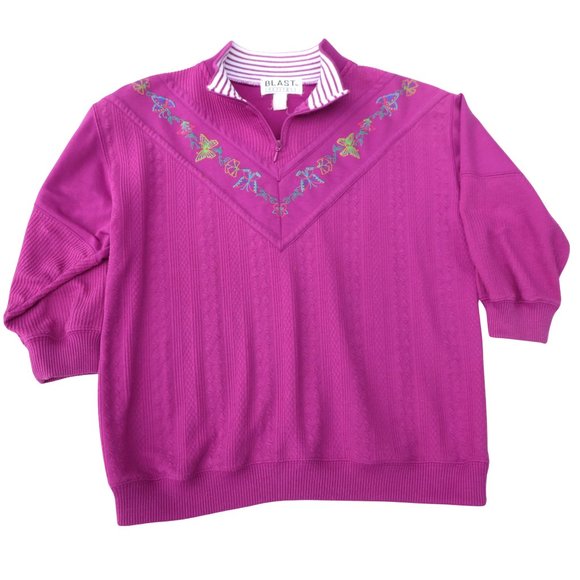 Vintage 70s Mixed Media Sweatshirt Sweater Quarter Zip Butterflies Mock Neck M - Picture 3 of 8